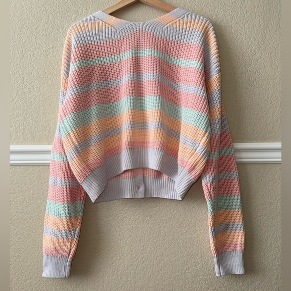 Cotton Blend Striped Colorful Chunky Knit Cardigan Sweater Button Front Large - Picture 2 of 15